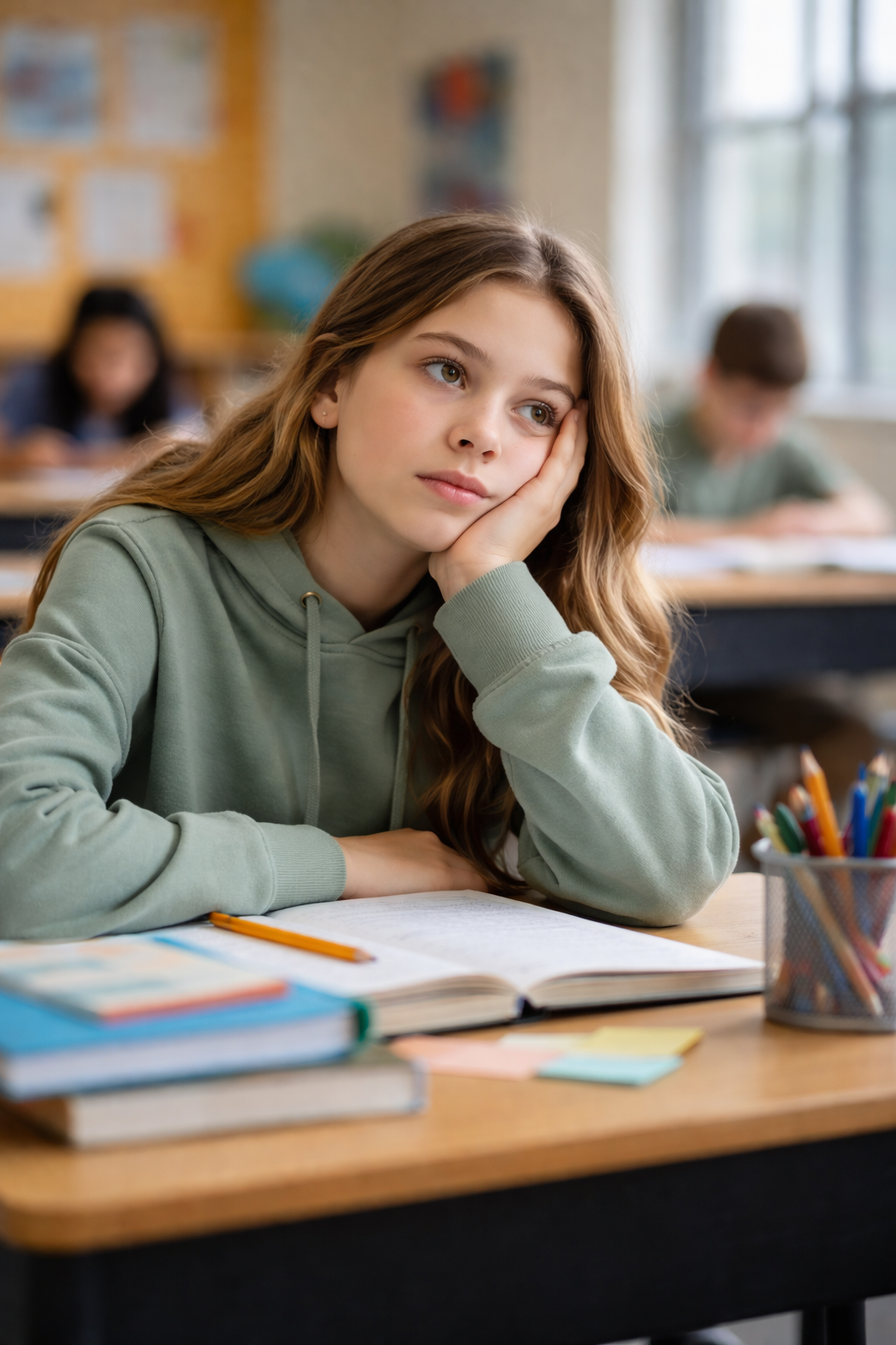 Girl struggling to focus in classroom
